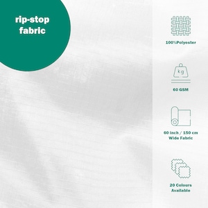 Może przedstawiać: Biała tkanina ripstop, 150 cm szerokości, 100% poliester, 60 GSM, dostępna w 20 kolorach.