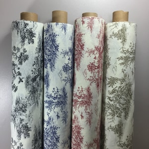 Toile De Juoy French Lover Print Design Cotton Rich Linen Fabric Crafts Curtains Quilting Patchwork Upholstery | 55&quot;-140cm | Sold Per Metre