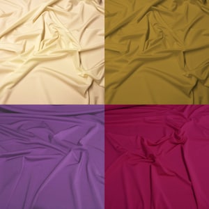 May include: Four fabric swatches in different colors: cream, gold, purple, and burgundy. The fabric is smooth and has a slight sheen.