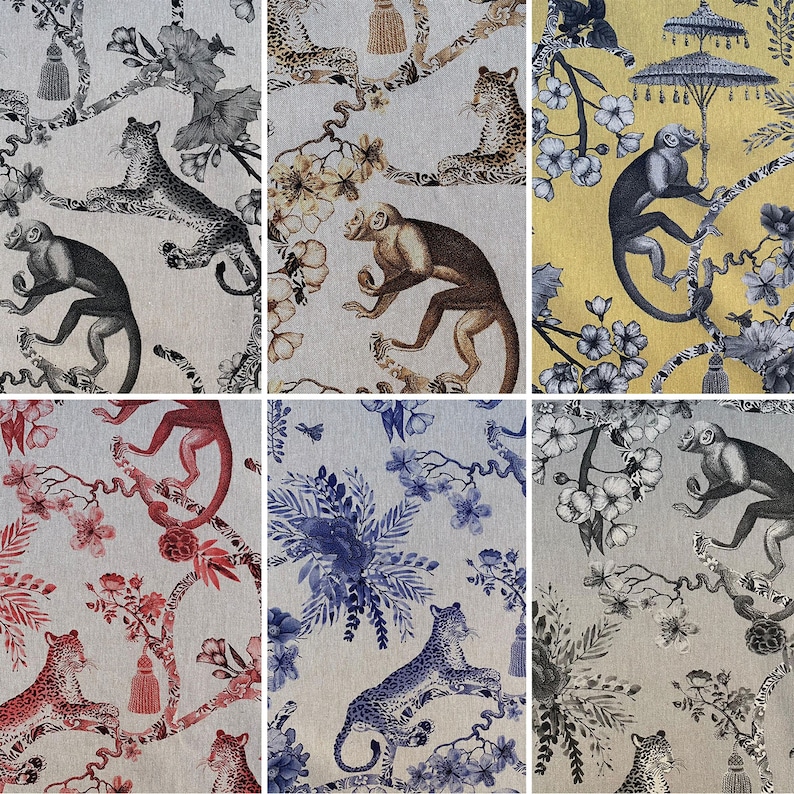 K&ouml;nnte beinhalten: Ein nahtloses Stoffmuster mit verschiedenen Tier- und Blumenmotiven. Das Muster enth&auml;lt Affen, Leoparden und Blumen in Rot-, Blau-, Gelb- und Graut&ouml;nen.