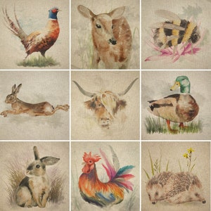 May include: A collage of nine watercolor paintings featuring various animals. The top row shows a pheasant, a deer, and a bee. The middle row shows a hare, a highland cow, and a duck. The bottom row shows a rabbit, a rooster, and two hedgehogs.