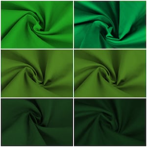 May include: A close-up of six fabric swatches in different shades of green. The fabric is smooth and has a slight sheen. The swatches are arranged in a grid pattern.
