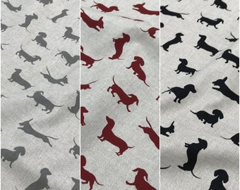 Sausage Dog Print Design Premium Cotton Rich Linen Fabric Crafts Blinds Curtains Quilting Patchwork Upholstery | 55" -140cm | Sold Per Metre
