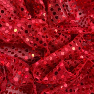 Tecido de fundo para decoração de casa, tecido vermelho de malha com lantejoulas brilhantes de 6 mm para vestido de dança | 45&quot; - 112 cm de largura | Vendido por metro