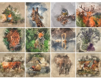 Art Animal Digital Printed Cotton Rich Linen Look Fabric Bags Craft Projects Cushions Quilting Furnishing Upholstery | Per Panel 45 X 46 CM