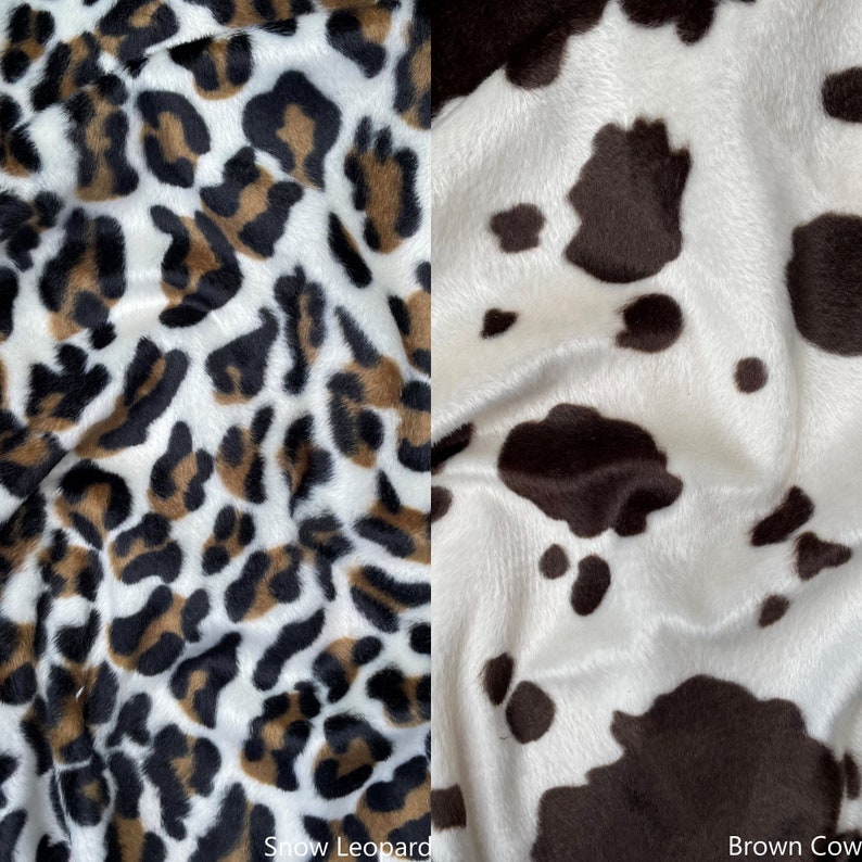 May include: Close-up of two fabric swatches. The left swatch is a white fabric with a brown and black snow leopard print. The right swatch is a white fabric with a brown cow print.