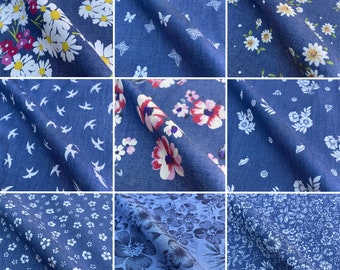 Printed Denim 100% Cotton Fabric Floral & Animals Designs Bags Crafts Dress Making Light Upholstery | 57" - 145cm Wide | Sold Per Half Metre