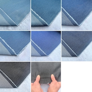 Può includere: Una collezione di campioni di tessuto denim in varie tonalità di blu, dal chiaro allo scuro. Ogni campione è piegato per mostrare il bordo grezzo e la trama del denim. L'immagine presenta le diverse opzioni di colore.