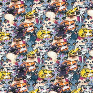 100% Cotton Cat Crowd Lashes Eyes Design Print Quality Children Kids Craft Fabric | 55&quot; - 140cm Wide
