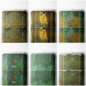 May include: A collage of six images featuring a repeating pattern of a famous painting. The painting depicts a colorful landscape with flowers, trees, and a couple embracing. The images are arranged in a grid pattern, with each image showing a different section of the painting.