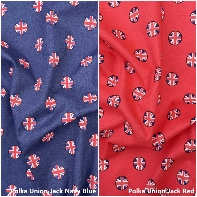 May include: Two fabric swatches with a repeating pattern of the Union Jack flag in a circle. The fabric on the left is navy blue and the fabric on the right is red. The text "Polka Union Jack Navy Blue" is at the bottom left and "Polka Union Jack Red" is at the bottom right.