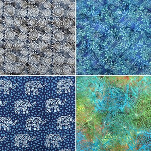 Può includere: Un collage di quattro campioni di tessuto con diversi motivi blu e bianchi. Il campione in alto a sinistra presenta un motivo floreale bianco su sfondo blu. Il campione in alto a destra presenta un motivo floreale bianco su sfondo blu e verde. Il campione in basso a sinistra presenta un motivo di elefanti bianchi su sfondo blu. Il campione in basso a destra presenta un motivo di foglie blu e verdi su sfondo verde.