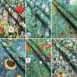 May include: A close-up of a fabric with a repeating pattern of flowers and leaves. The fabric is a mix of green, yellow, blue, and red.