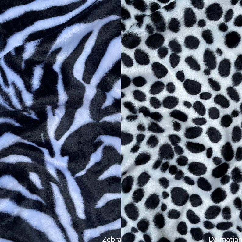 May include: Close-up of black and white zebra and dalmatian print fabrics. The zebra print has thin black stripes on a white background. The dalmatian print has black spots on a white background.