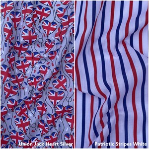 May include: Two fabric swatches, one with a Union Jack heart pattern on a silver background and the other with red and blue stripes on a white background. The text "Union Jack Heart Silver" is below the first swatch and "Patriotic Stripes White" is below the second swatch.