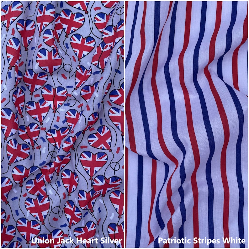 May include: Two fabric swatches, one with a Union Jack heart pattern on a silver background and the other with red and blue stripes on a white background. The text "Union Jack Heart Silver" is below the first swatch and "Patriotic Stripes White" is below the second swatch.
