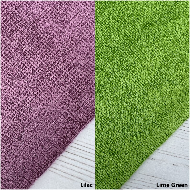 May include: Two fabric swatches, one lilac and one lime green. The fabric is a textured terry cloth.