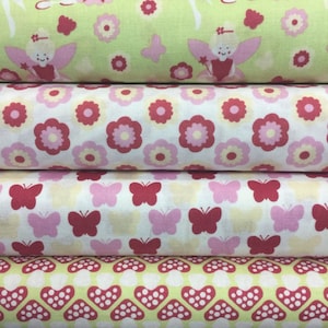 May include: Four fabric swatches with different patterns. The top swatch is green with white butterflies and pink flowers. The second swatch is white with pink and red flowers. The third swatch is white with pink and red butterflies. The bottom swatch is green with red hearts.