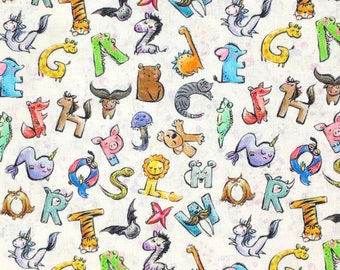 100 % coton, motif alphabet animal, qualité d'impression, tissu artisanal pour enfants | 55" - 140 cm de large