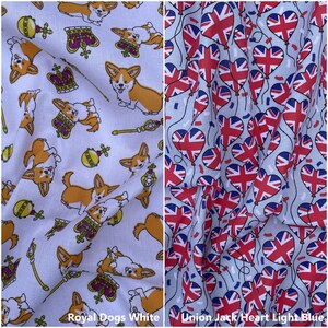 May include: Two fabric swatches, one with a white background and a repeating pattern of cartoon corgis wearing crowns and holding scepters, and the other with a light blue background and a repeating pattern of red Union Jack hearts.