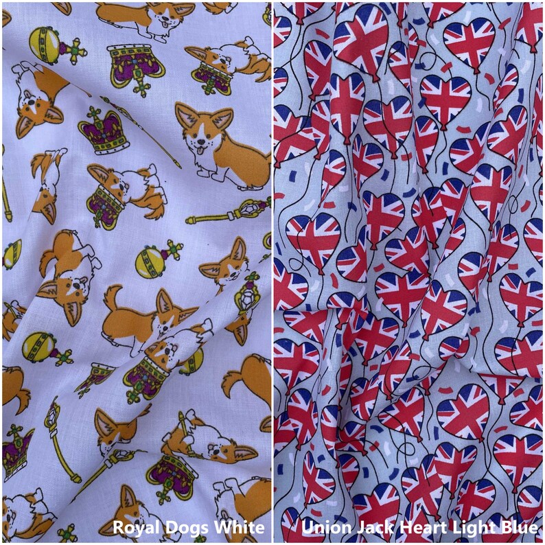 May include: Two fabric swatches, one with a white background and a repeating pattern of cartoon corgis wearing crowns and holding scepters, and the other with a light blue background and a repeating pattern of red Union Jack hearts.