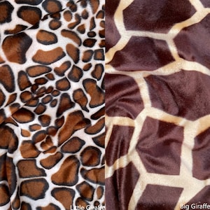 May include: Two fabric swatches with a giraffe print. The left swatch has a smaller, more detailed print with brown and white spots. The right swatch has a larger, more geometric print with brown and beige spots. The text "Little Giraffe" is below the left swatch and "Big Giraffe" is below the right swatch.