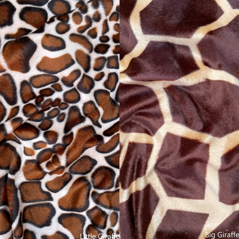 May include: Two fabric swatches with a giraffe print. The left swatch has a smaller, more detailed print with brown and white spots. The right swatch has a larger, more geometric print with brown and beige spots. The text "Little Giraffe" is below the left swatch and "Big Giraffe" is below the right swatch.