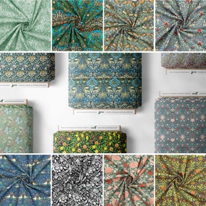 Könnte beinhalten: Eine Sammlung von 10 verschiedenen Stoffmustern mit verschiedenen floralen und geometrischen Mustern in einer Vielzahl von Farben, darunter Grün, Blau, Gelb, Rot und Schwarz. Die Stoffe sind in einem Rastermuster auf weißem Hintergrund angeordnet.