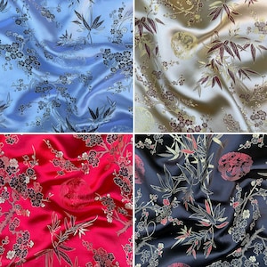 Medaglione floreale fiori broccato cinese ricamato raso setoso abito artigianale orientale materiale tessuto / 48" - 120 cm di larghezza / venduto al metro