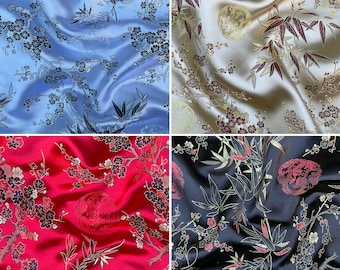 Medallion Floral Flowers Chinese Brocade Embroidered Silky Satin Oriental Craft Dress Fabric Material | 48" - 120 cm Wide | Sold Per Metre
