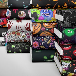 Tessuto 100% cotone spettrale di Halloween stampato per borse, artigianato, creazione di abiti, bambini, decorazioni per la casa, progetti di cucito, tessuto / 55" - 140 cm di larghezza