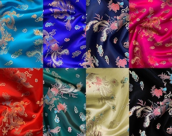 Brocade Chinese Dragon Embroidered Silky Satin Oriental Craft Dress Fabric Material | 36&quot; - 90cm Wide | Sold Per Metre