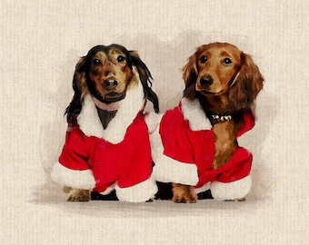 Christmas Xmas Dachshunds Digital Print Design Cotton Rich Linen Look Fabric Craft Curtain Cushion Furnishing Upholstery | Per Panel 45X46CM