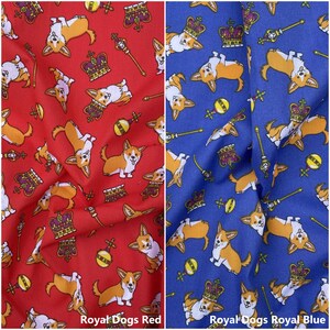 May include: Two fabric swatches with a repeating pattern of cartoon corgis, crowns, and scepters. The fabric on the left is red with a white pattern. The fabric on the right is blue with a white pattern. The text "Royal Dogs Red" is at the bottom left and "Royal Dogs Royal Blue" is at the bottom right.