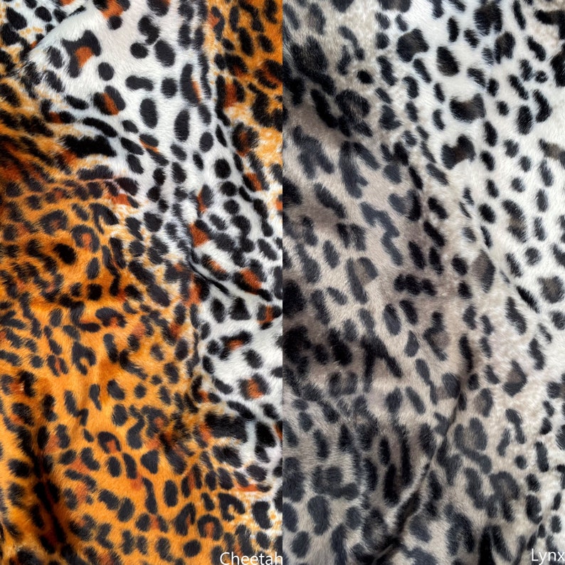 May include: Close-up of two fabric swatches with animal print patterns. The left swatch is orange, black, and white cheetah print. The right swatch is gray, black, and white lynx print. The text "Cheetah" is below the left swatch and "Lynx" is below the right swatch.