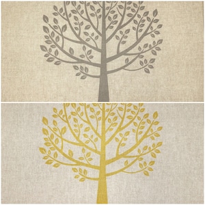 May include: Two stylized tree illustrations on a beige linen background. The top tree is gray with a brown trunk. The bottom tree is gold with a yellow trunk.