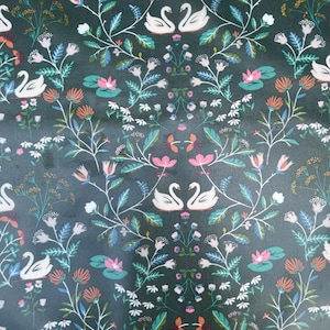 Swan Garden Green Floral Printed Premium Designer Cotton Backed Table Cloth Wipe Clean Vinyl Cover Table Protector | 52" - 132cm Wide