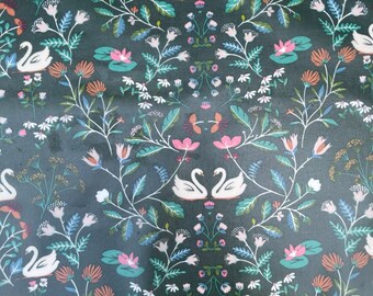 Swan Garden Green Floral Printed Premium Designer Cotton Backed Table Cloth Wipe Clean Vinyl Cover Table Protector | 52" - 132cm Wide