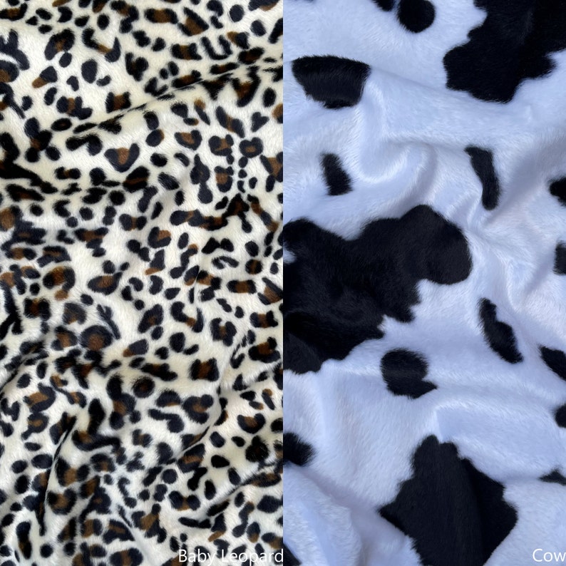 May include: Close-up of two fabric swatches. The left swatch is a white fabric with a brown and black leopard print. The right swatch is a white fabric with a black and white cow print. The text "Baby Leopard" is below the left swatch and the text "Cow" is below the right swatch.