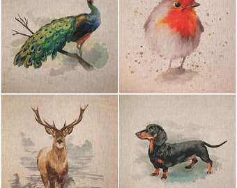 Watercolour Animals Digital Print Design Cotton Rich Linen Fabric Bunting Crafts Cushions Quilting Patchwork Upholstery | Sold Per Panel