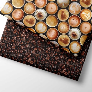 May include: A close-up of a brown and black fabric with a pattern of coffee cups and coffee beans. The fabric is folded in half, and the coffee cups are arranged in a grid pattern. The coffee beans are scattered randomly across the fabric.