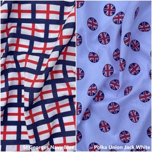 May include: Two fabric swatches with different patterns. The first swatch is a navy blue and red checkered pattern with a St. Georges cross design. The second swatch is white with a polka dot pattern of red Union Jack flags. The text "St. Georges Navy Blue" is below the first swatch and the text "Polka Union Jack White" is below the second swatch.