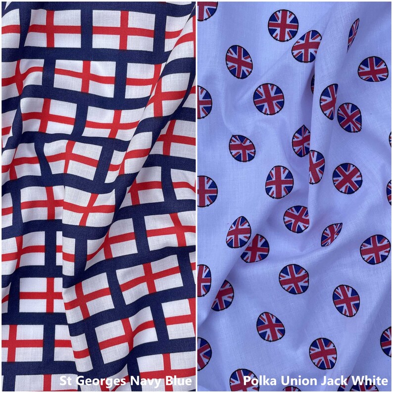 May include: Two fabric swatches with different patterns. The first swatch is a navy blue and red checkered pattern with a St. Georges cross design. The second swatch is white with a polka dot pattern of red Union Jack flags. The text "St. Georges Navy Blue" is below the first swatch and the text "Polka Union Jack White" is below the second swatch.