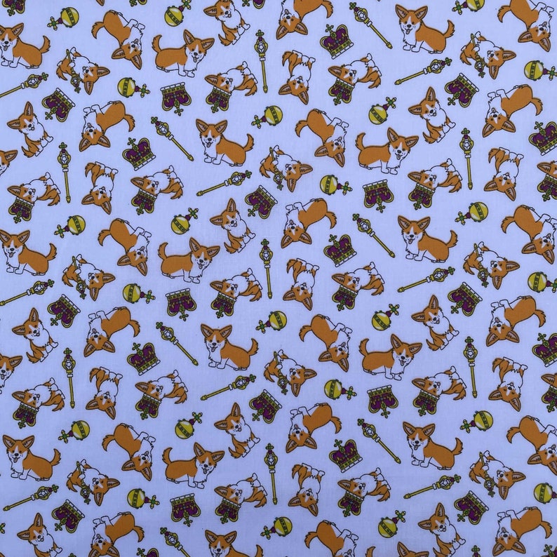 May include: A white fabric with a repeating pattern of cartoon corgis wearing crowns. The corgis are brown and white with black noses and eyes. The crowns are gold with purple jewels. The background is white with a subtle texture.