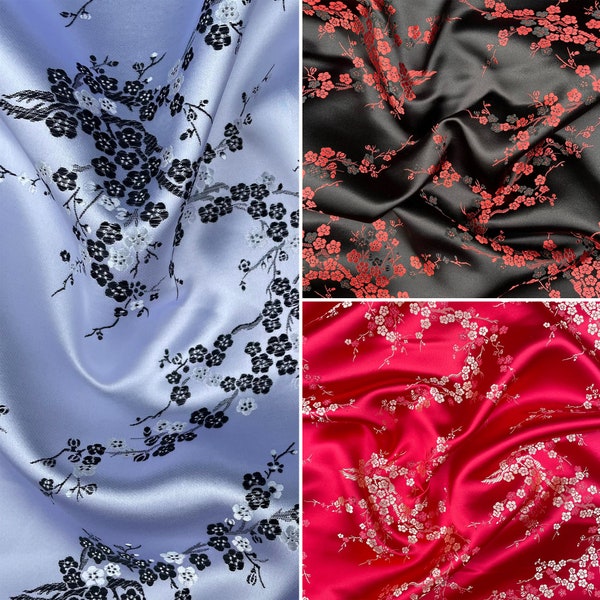 Blossom Floral Flowers Chinese Brocade Embroidered Silky Satin Oriental Craft Dress Fabric Material | 48" - 120 cm Wide | Sold Per Metre