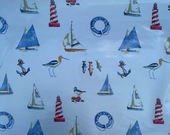 Nautical Blue Seaside Novelty Printed Premium Designer Cotton Backed Table Cloth Wipe Clean Vinyl Cover Table Protector | 52" - 132cm Wide