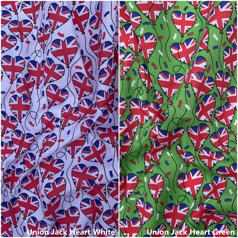 May include: Two fabric swatches with a repeating pattern of Union Jack heart-shaped balloons. The fabric on the left is white with red, white, and blue balloons. The fabric on the right is green with red, white, and blue balloons.