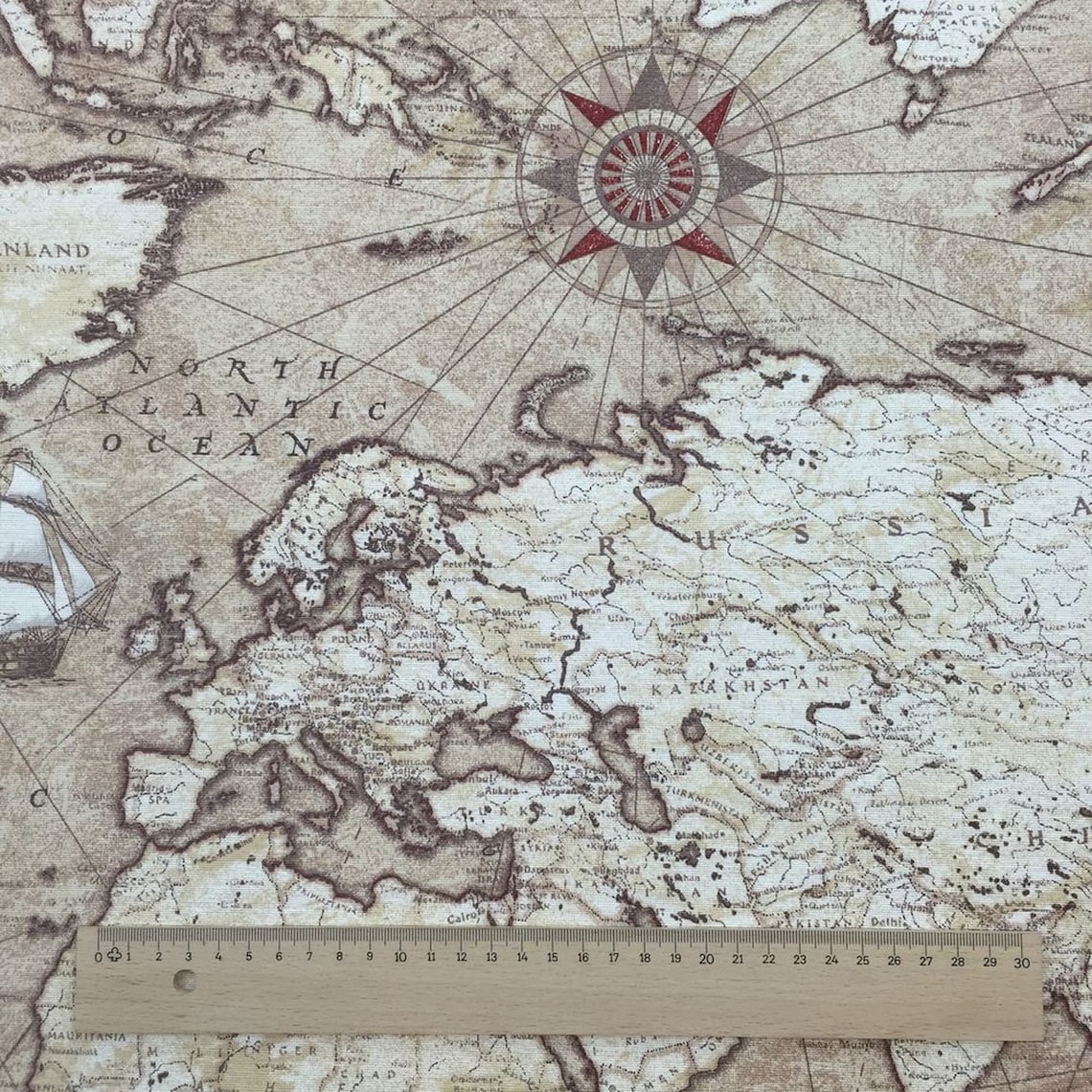 Vintage Map Atlas Print Design Premium Cotton Rich Linen Fabric Crafts ...
