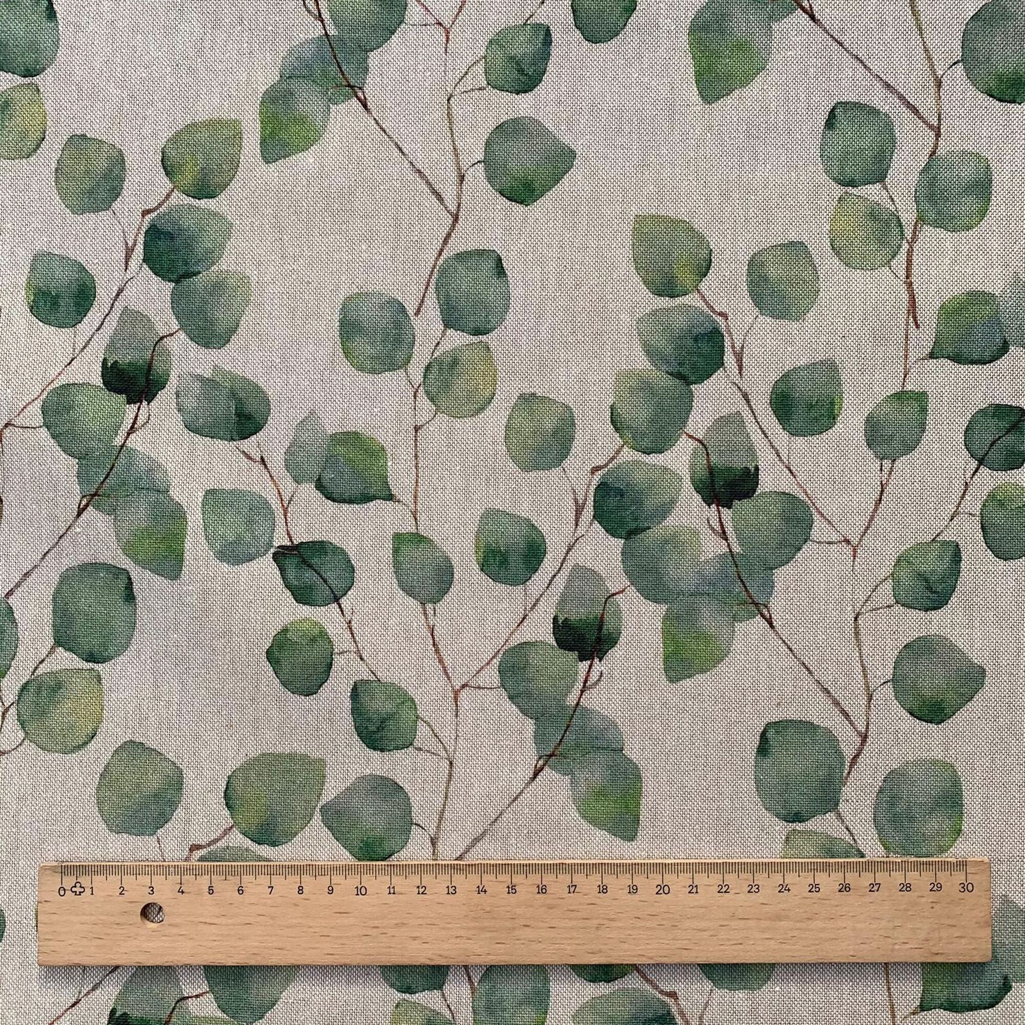 thumbnail interactive-video image 1 of Watercolour Leaves Cotton Linen Blend Fabric – 55" Wide, Beige – By Discover Lifestyle (Sold By Metre) 1 of 4