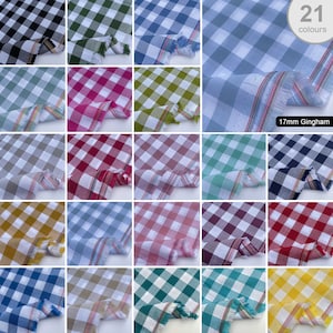 May include: A collection of 21 different colored 1.7 cm gingham fabrics. The fabrics are arranged in a grid pattern and each fabric has a different color. The fabrics are all cotton and have a soft, comfortable feel.